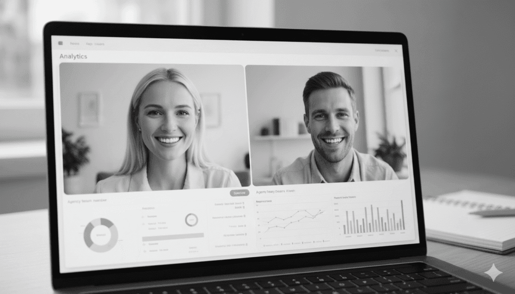 Monthly strategy video call between SocialXpresso team member and small business client reviewing social media performance