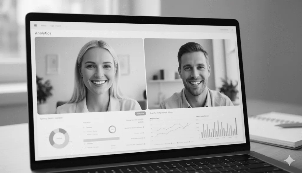 generated image october 08, 2025 12 22pm Monthly strategy video call between SocialXpresso team member and small business client reviewing social media performance